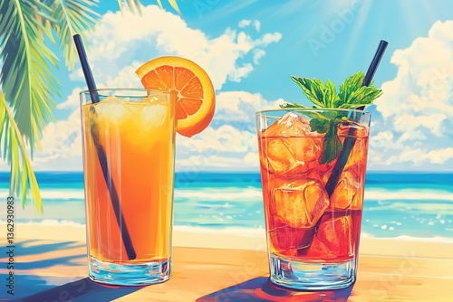 Two Refreshing Drinks with Ice, Orange Slice, and Mint on a Beach Sunny Background