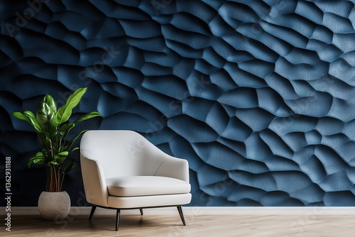 Modern White Chair, Potted Plant Against Blue Textured Wall, Interior Space Decor