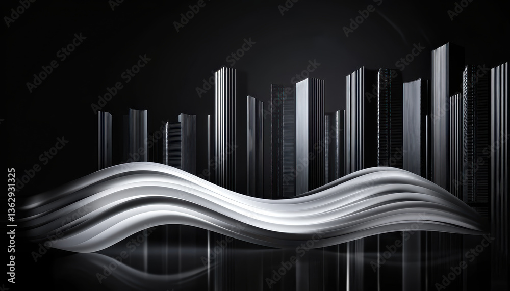 Obraz premium A sleek, modern design featuring undulating forms against a backdrop of vertical structures, creating a dynamic interplay of light and shadow.