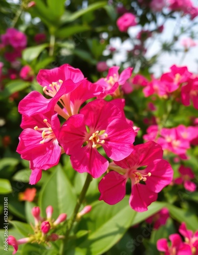 Close-up of vibrant pink Adenium obesum flowers, lush green botanical garden background, pistil, hue
