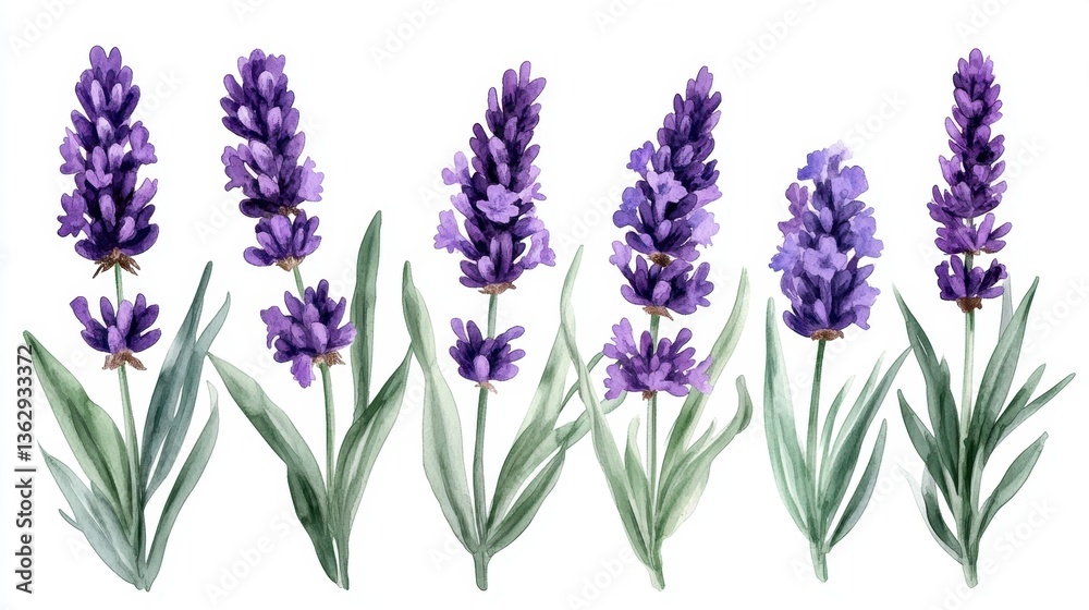 Fototapeta premium Watercolor lavender floral arrangement on white background with delicate purple flowers and green leaves for spring and summer designs