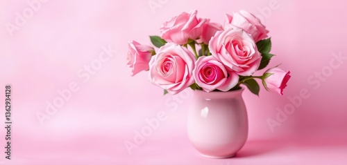 Delicate pink rose bouquet in a matching vase on a pink textured backdrop, still life, roses