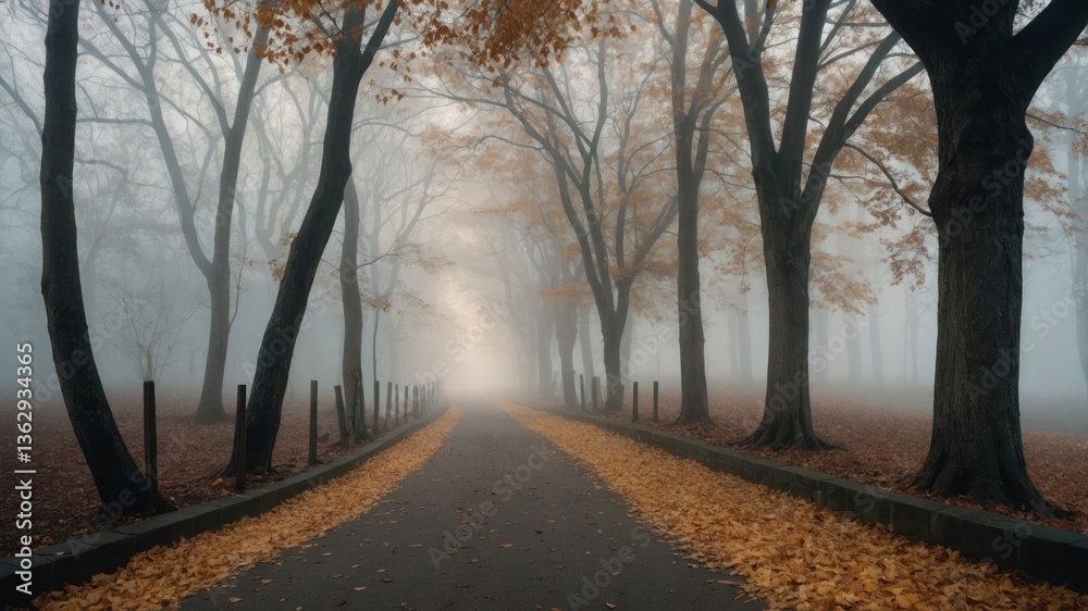 A misty path lined with trees and fallen leaves, creating a serene autumn atmosphere. A misty path lined with trees and fallen leaves, creating a serene autumn atmosphere.