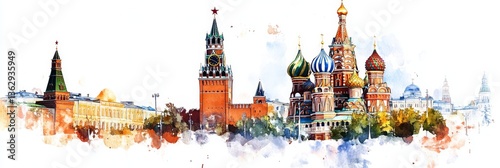 Watercolor Moscow Panorama: Red Square and Kremlin - A picturesque watercolor painting capturing the essence of Moscow, showcasing iconic landmarks like Red Square, St. Basil's Cathedral