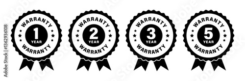 1, 2, 3, 5 year warranty logo vector set with stars ribbon black and white color for product security coverage quality trust.