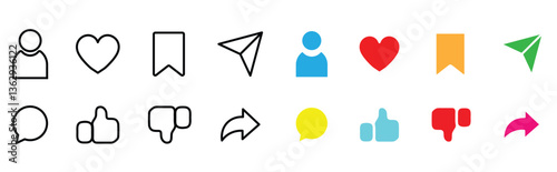 Like, share, comment and save icon set. Social media reaction button set vector eps10.