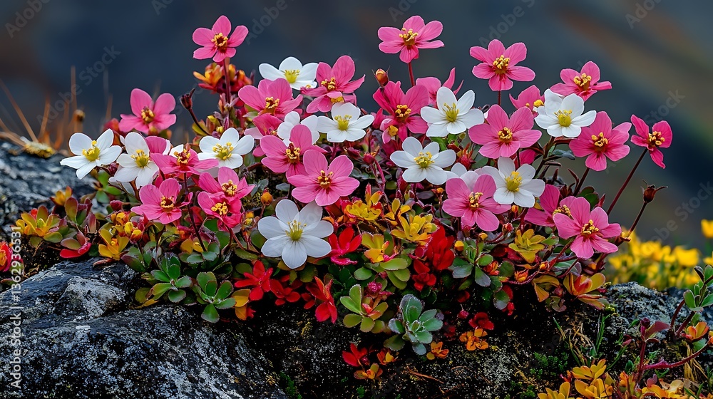 Obraz premium Vibrant Wildflowers Blooming on a Mountain Rock Face AI Generated