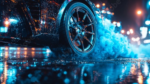 Dramatic urban race car burnout effect in vibrant neon illuminated cityscape
