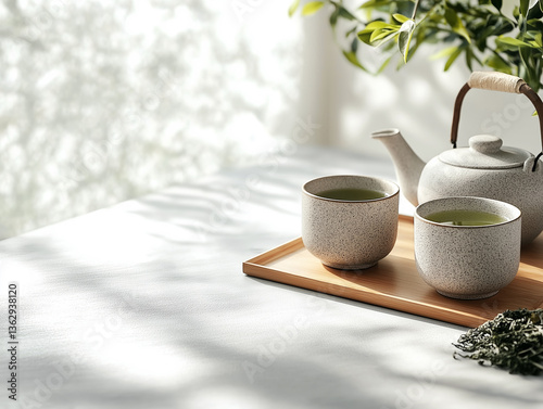 Minimalist japanese tea set with two cups and teapot on wooden tray