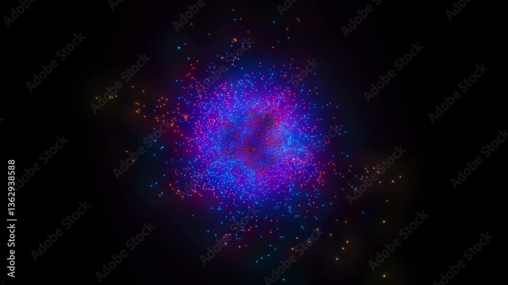 Glowing blue and red particles and lights expanding on dark background