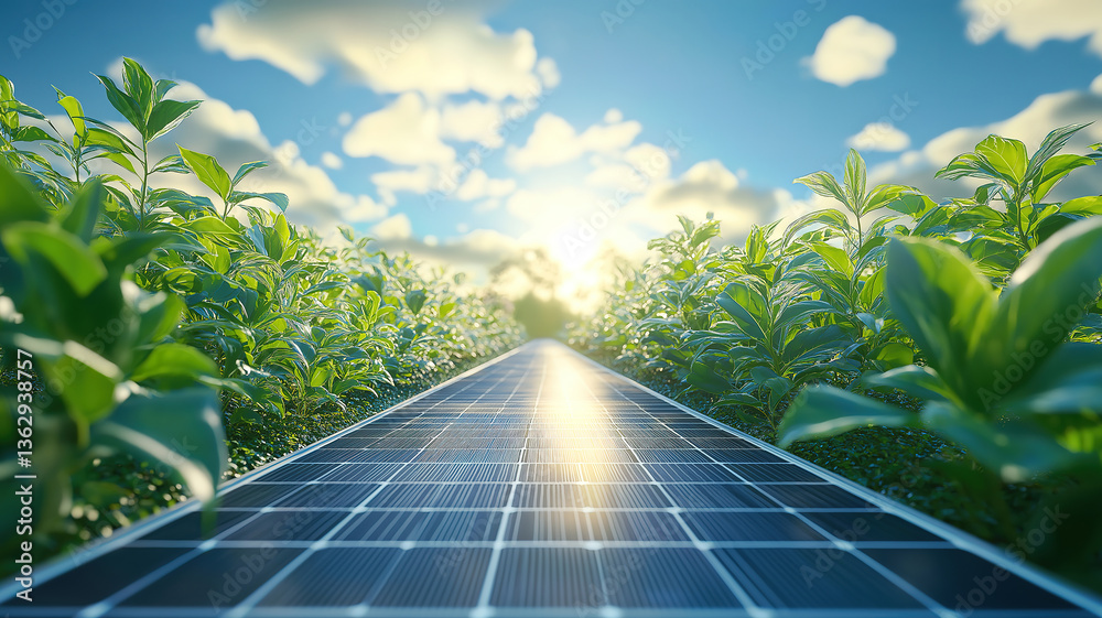 Fototapeta premium Green energy concept with solar panels and leaves emphasizing eco-friendly power generation