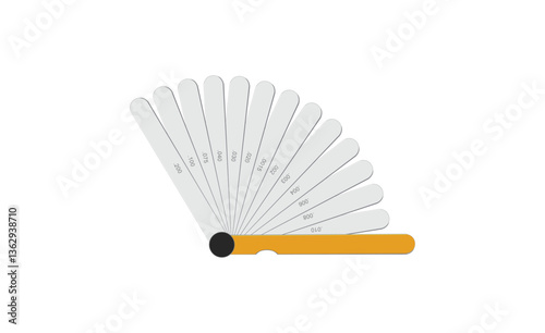 Realistic vector illustration of a feeler gauge, used for gap and thickness measurement in machining, automotive, and engineering applications. Realistic isolated design.