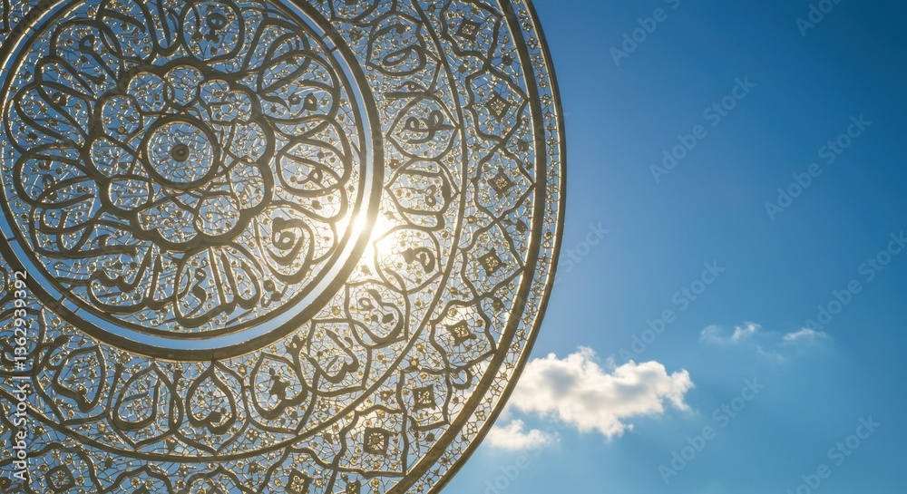 Obraz premium Intricate Circular Arabesque Design Against a Bright Blue Sky: Sunlit Islamic Art