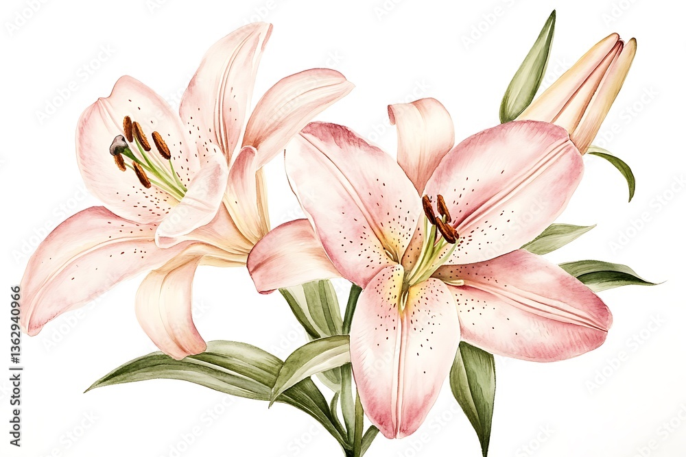 Naklejka premium Elegant Watercolor Pink Lily Illustration with Blooming Flowers & Bud on White Background