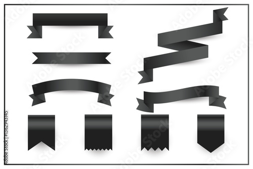 Set of black ribbon banners and badges in various styles on a white background. Ideal for labels, branding, awards, certificates, and design elements.