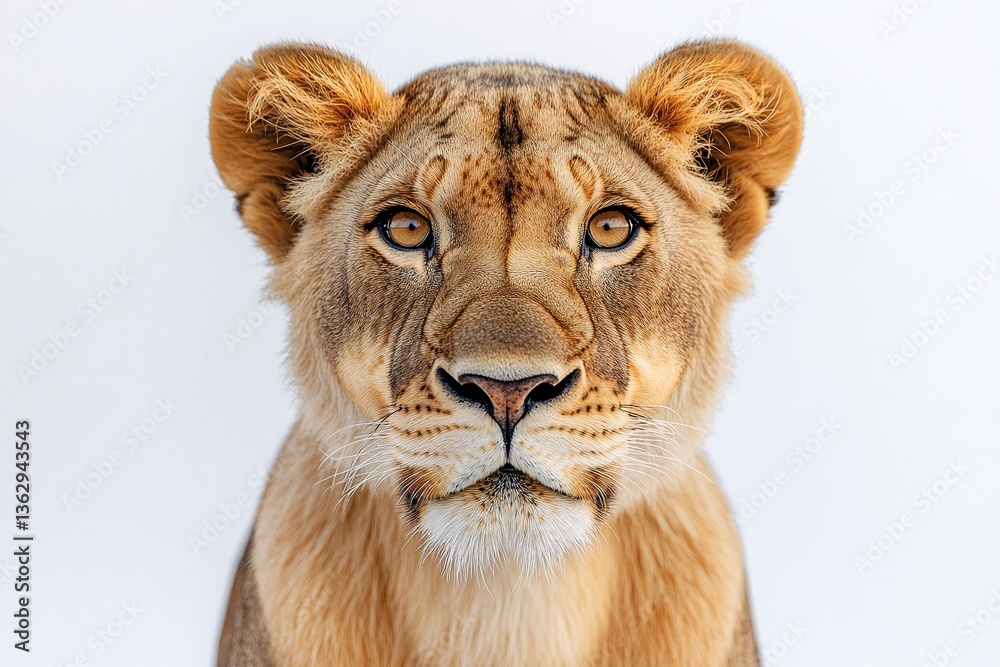 Fototapeta premium Close-up portrait of a young lioness against a bright white background. Her intense gaze and tawny fur are striking.