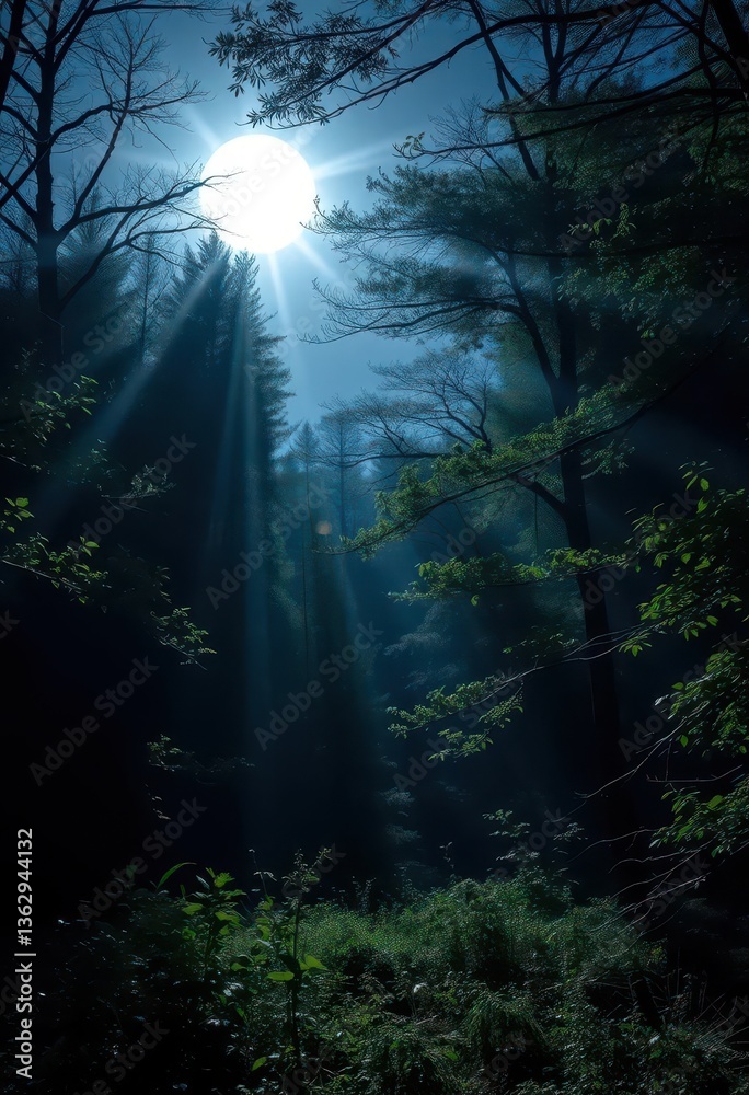Obraz premium Silver moonlight bathes a tranquil forest, shadows long and deep, leaves shimmering subtly, backdrop, full moon, natural