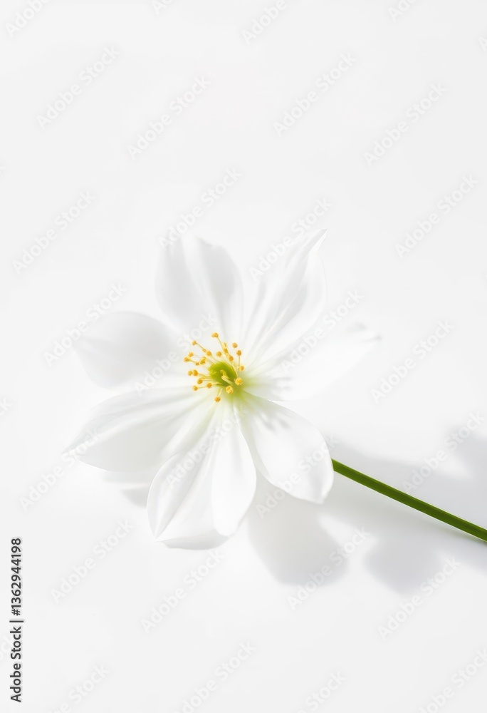 Obraz premium Single white flower on pure white background, delicate petals, soft focus, white background, simple, petal