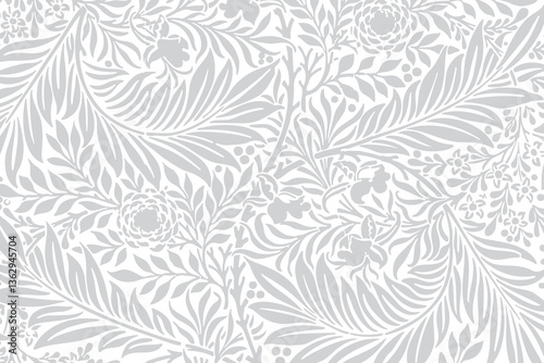 Elegant seamless floral pattern with intricate botanical elements in soft gray tones. Perfect for wallpapers, textiles, packaging, and backgrounds.