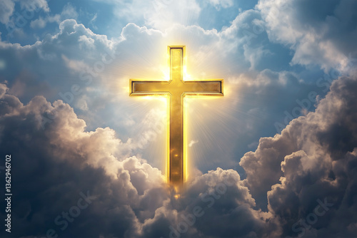 Bright cross shines through clouds in a heavenly sky