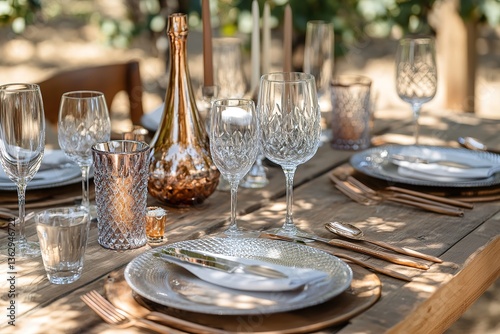 Elegant Table Setting with Crystal Glassware, Plates, and Rose Gold Cutlery on Wood Table