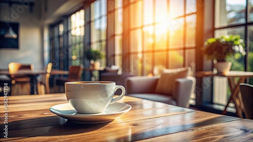 Wallpaper Mural Warm Morning Sunlight Illuminates a Caf?'s Wooden Table with a Single Cup of Coffee Torontodigital.ca