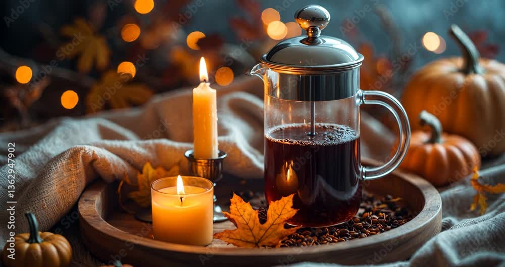 Burning candles, freshly brewed tea, and autumn decor on textile.