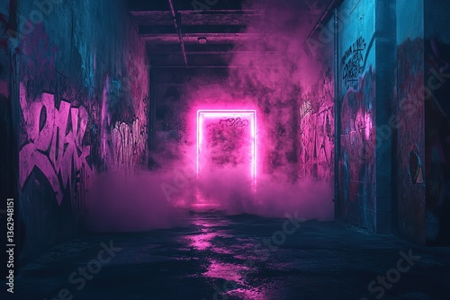 GraffitiCovered Urban Tunnel With Neon Light, Dark Concrete Walls, Smoke, and Vibrant Hues