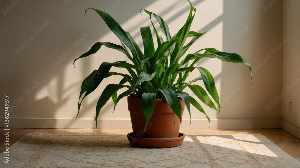 Fototapeta premium Lush corn plant thriving in a sunlit room, bringing a touch of nature indoors