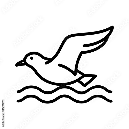 Flying seagull above ocean waves in line art style