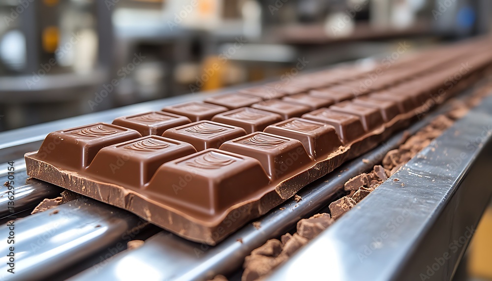 Close up of large chocolate bar on a conveyor belt Close up of large chocolate bar on a conveyor belt