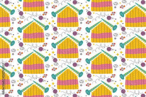 Seamless pattern of knitting house with yarn balls, needles, and decorative elements. Cute, colorful, and perfect for craft-themed designs.