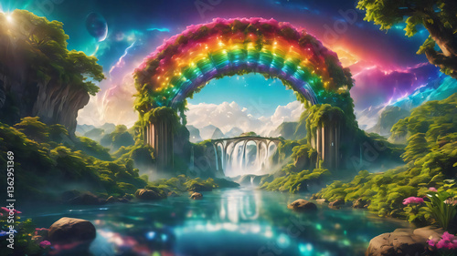 Rainbow-colored archway straddle the streams in a fairytale-like landscape.