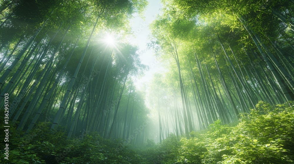 Obraz premium Enchanting bamboo forest bathed in ethereal sunlight, creating a sense of peace