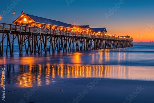 Long Pier with Warm Lights Reflecting in Ocean Water at Dusk on the Beachfront