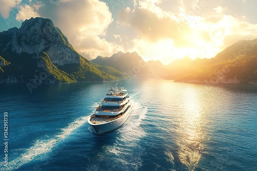 Luxury yacht sailing on blue sea with mountain backdrop and sunlight sky horizon