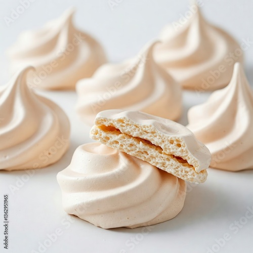 Close-up of meringue cookies, white and fluffy, with cracked pieces showing texture. Sweet treats, delicate and light dessert.


