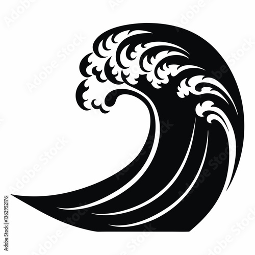 Ocean wave silhouette with curling crest in motion