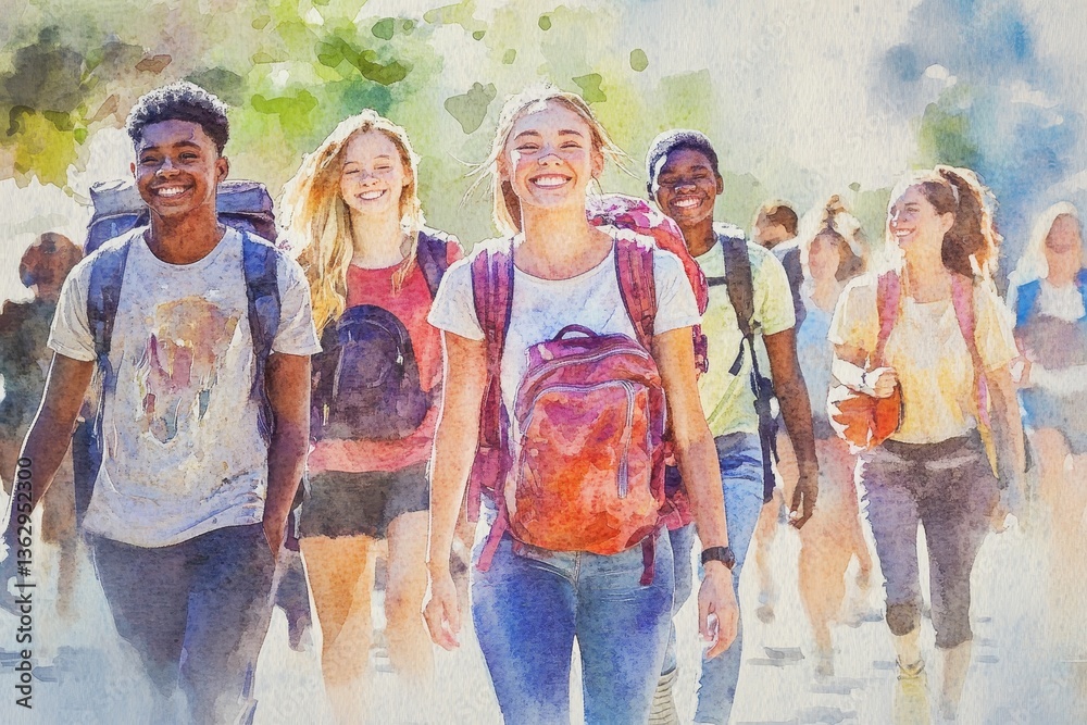 Obraz premium Watercolor Smiling Teenagers Hiking Adventure - Diverse group of smiling teenagers with backpacks, symbolizing friendship, adventure, exploration, youth, and teamwork