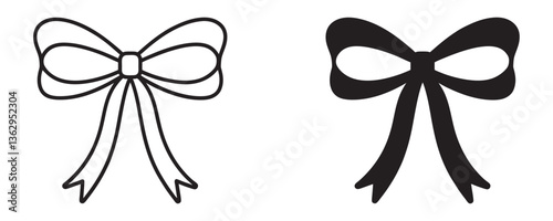 Hand drawn coquette ribbon bow doodle vector silhouette outline clipart on white background