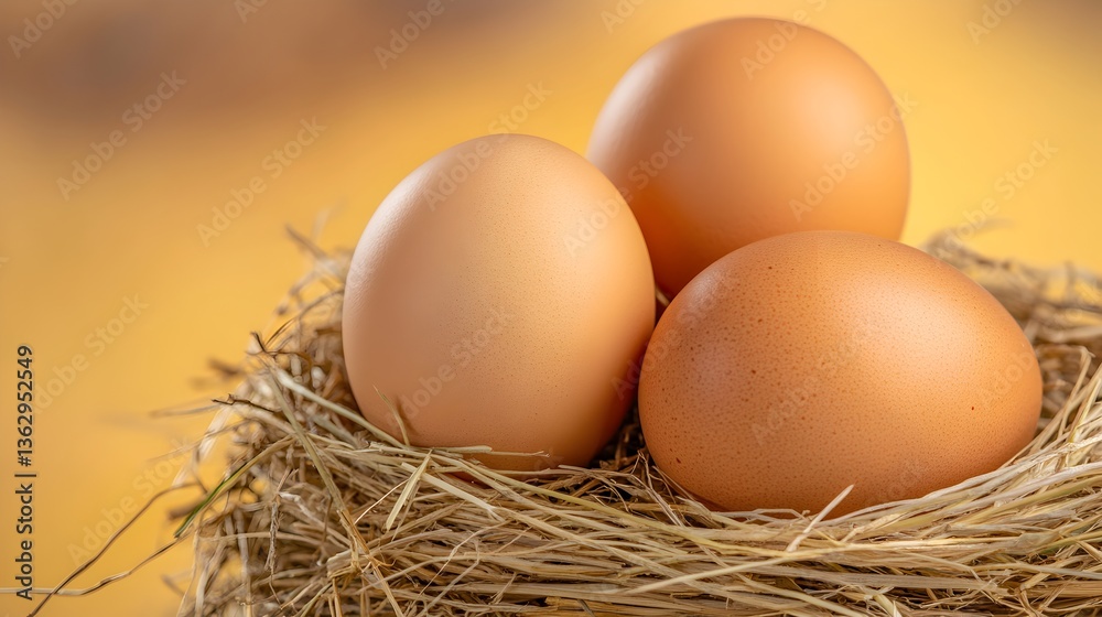 Organic Farm, Three eggs resting in a nest with a warm, soft background. Sustainable Business concept. Organic Farm, Three eggs resting in a nest with a warm, soft background. Sustainable Business concept.