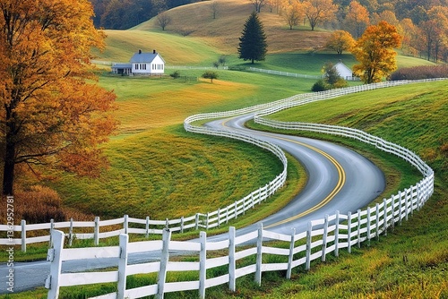 Rolling Hills with White Fence and Road, Autumn Colors, Farmhouse Landscape, Scenic View