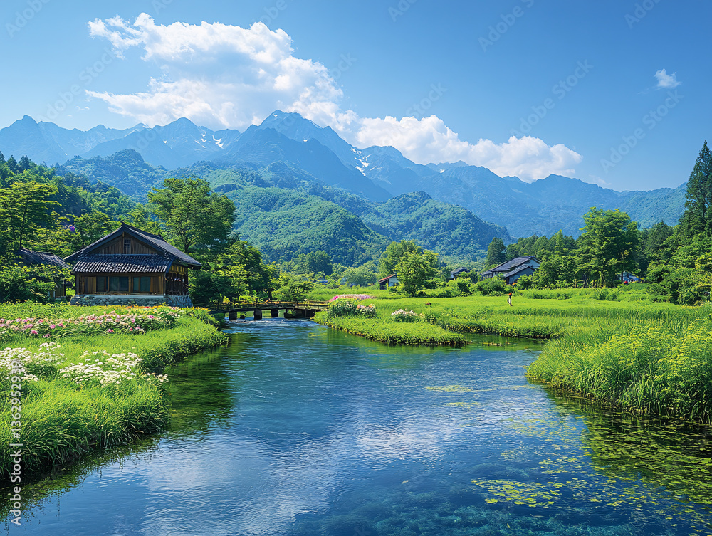 Fototapeta premium a serene landscape with a calm blue river flowing through lush green fields and mountains in the background. The sky is clear with a few scattered clouds, and the overall scene is vibrant and peaceful