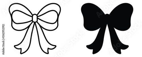 Hand drawn coquette ribbon bow doodle vector silhouette outline clipart on white background