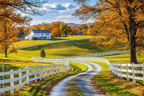 Serene Countryside Farmhouse, Winding Road, White Fence, and Colorful Autumn Foliage
