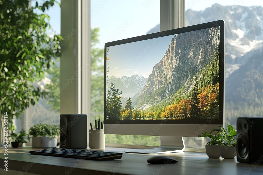 Fototapeta premium Modern Computer Setup Featuring a Mountain Scene, Speakers, Keyboard, and Potted Plants