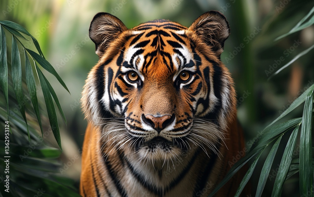 Fototapeta premium A majestic tiger stares intensely from the jungle depths, its orange and black stripes contrasting against the vibrant green foliage.