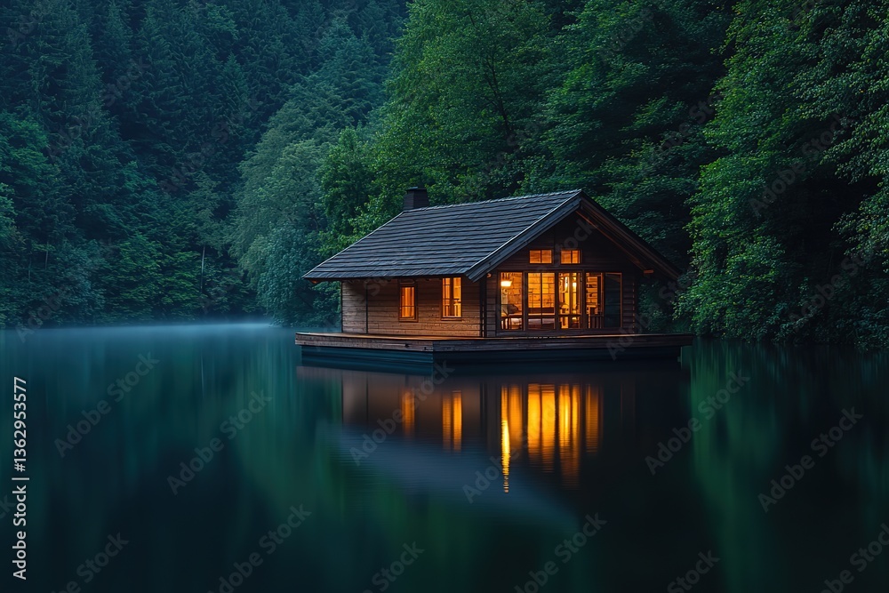 Lakeside Cabin Retreat Wooden House on Water, Forest Backdrop, Interior Lights Glow Lakeside Cabin Retreat Wooden House on Water, Forest Backdrop, Interior Lights Glow