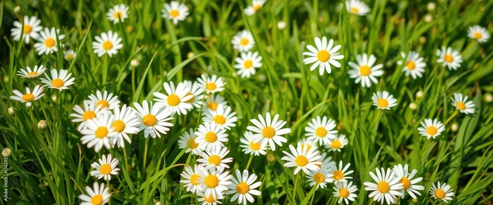 Fototapeta premium Delicate white daisies scattered amidst lush green grass on a bright white background, organic, peaceful, nature