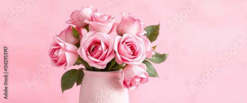 Delicate pink roses in a textured pink vase against a subtly textured pink background, light pink, calm